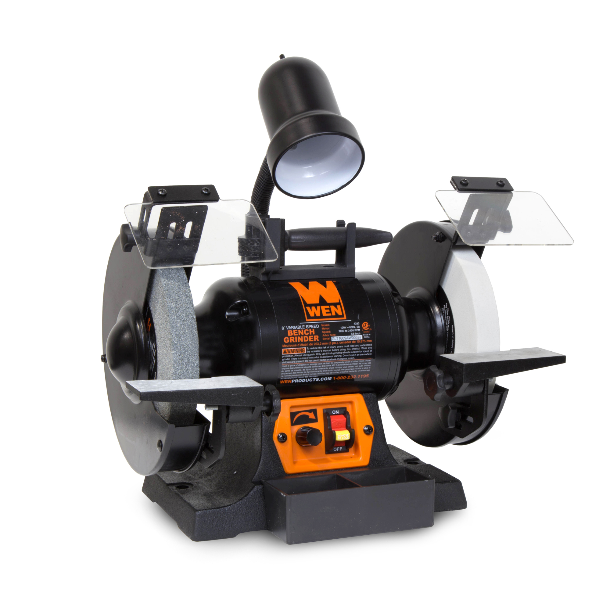 WEN, 5Amp 8in. Variable Speed Bench Grinder, Wheel Diameter 8 in, Max. Speed 3400 rpm, Model